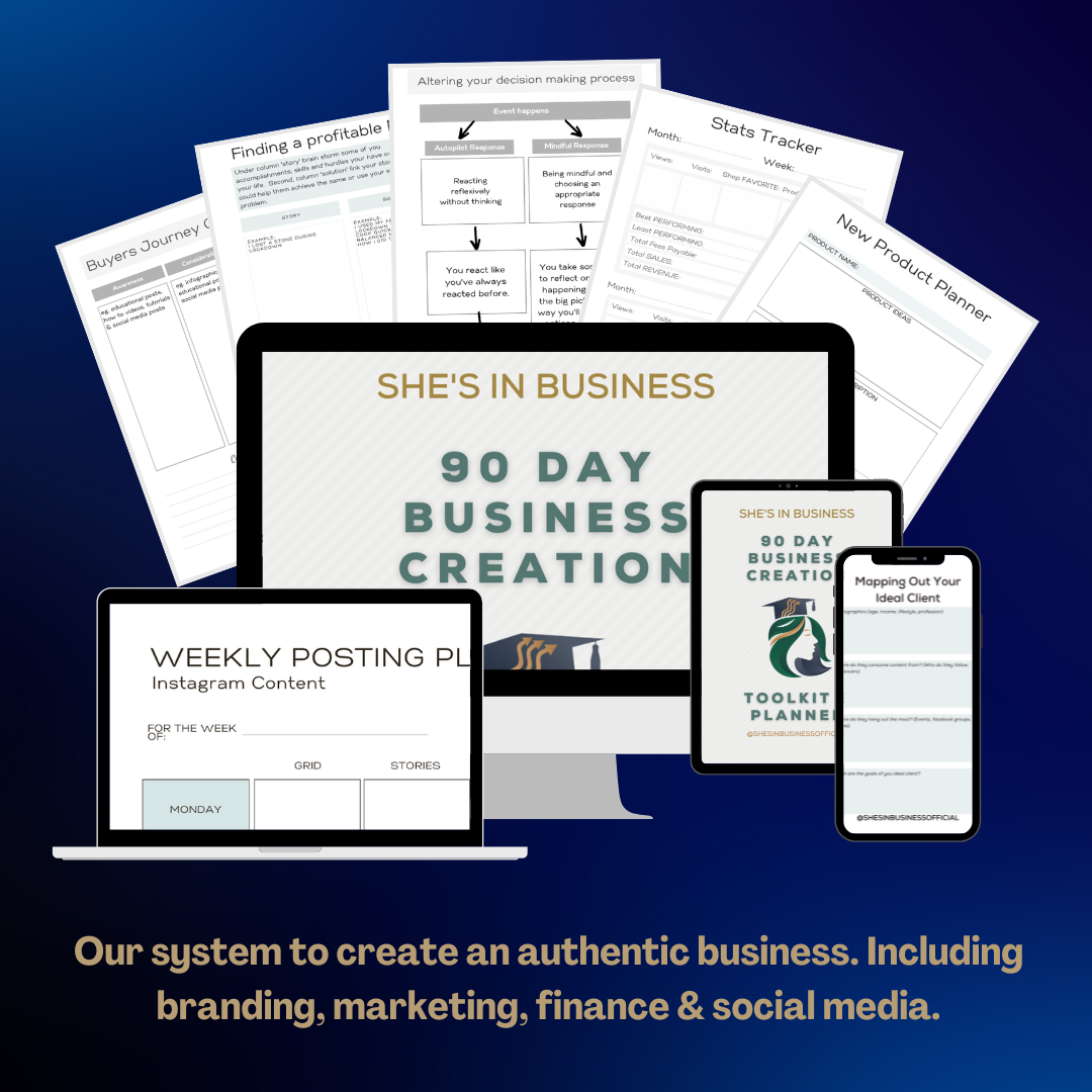 a 90-day business creation planner and toolkit workbook with pages laid out, representing a step-by-step guided startup launch system for new entrepreneurs.