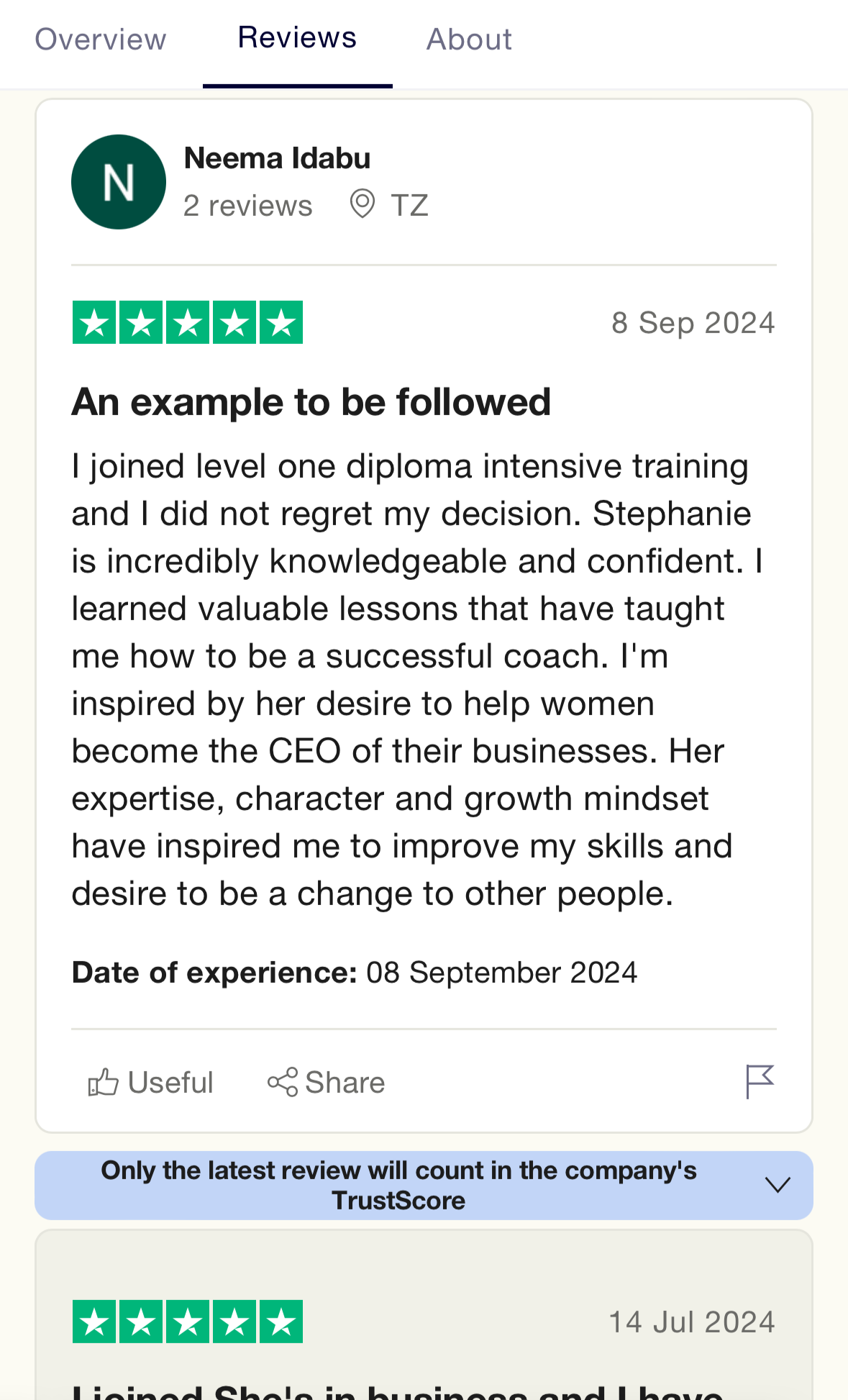Testimonial from a She's In Business coaching graduate