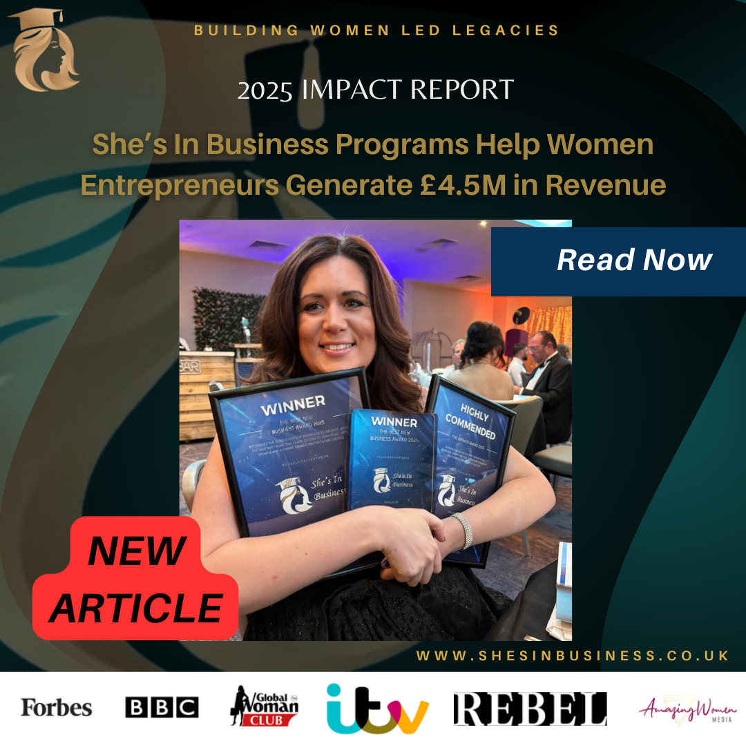 Feature image for the She’s In Business 2025 Impact Report, highlighting £4.5 million in revenue generated by women through entrepreneurship training programs for mothers, neurodiverse women, and new founders.