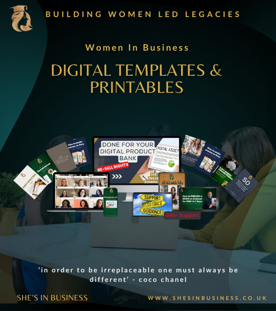 Flat lay of printable business planners, checklists, and digital templates designed for women entrepreneurs to organise, plan, and grow their business with ease.