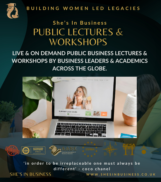 Professional women attending a live online business lecture, representing free public business training and on‑demand learning for women entrepreneurs.