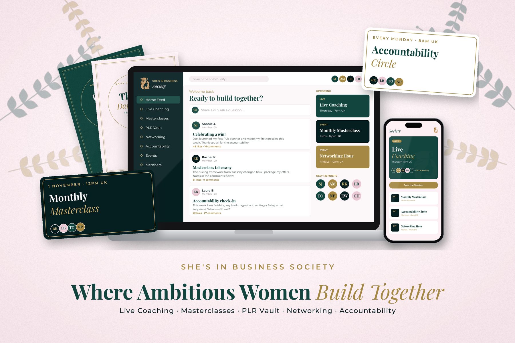 The She's In Business Society, a business membership for women, on laptop and phone